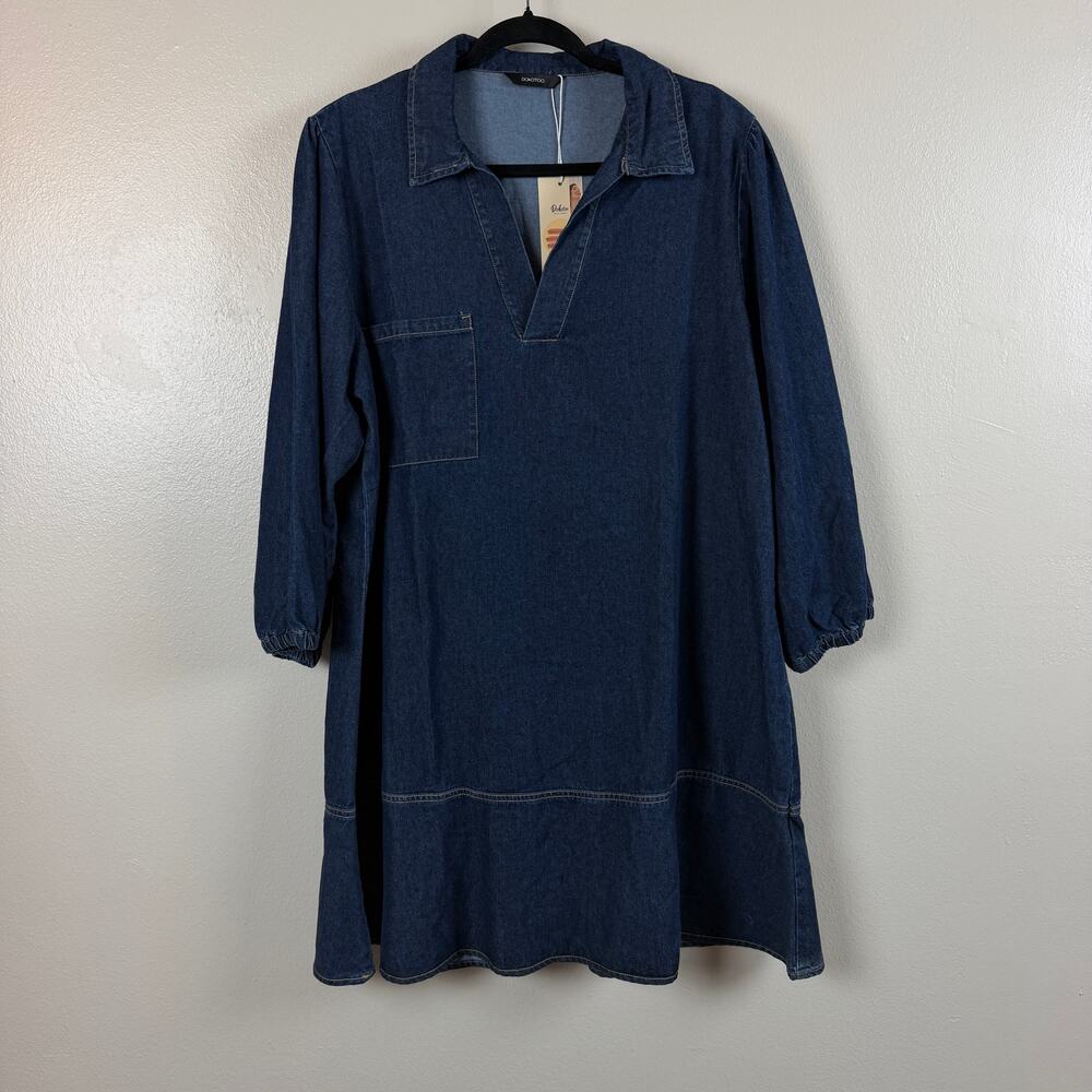 Dokotoo XL Denim Dress Blue V Neck Collared Long Sleeve Tiered Ruffle Hem NWT